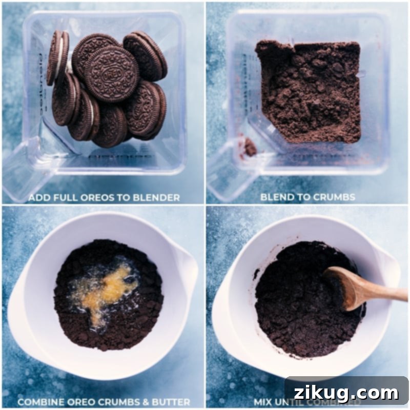 Velvet Chocolate Pudding Pie 4 Process images illustrating the steps of preparing a homemade Oreo cookie crust, including crushing cookies and mixing with butter.