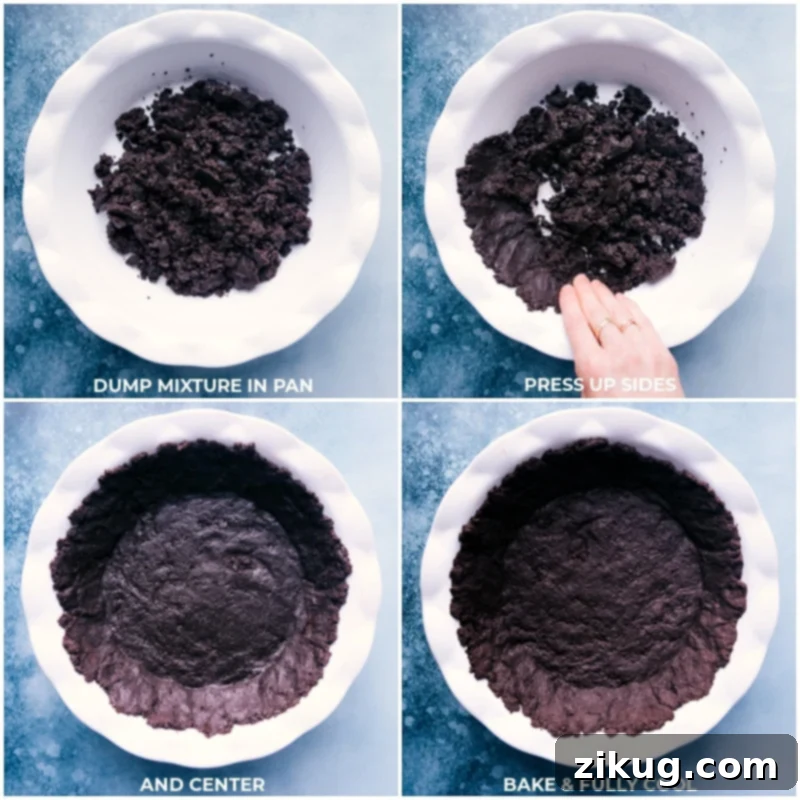 Velvet Chocolate Pudding Pie 5 Process images showing how to press a homemade Oreo cookie crust firmly into a pie pan before baking.