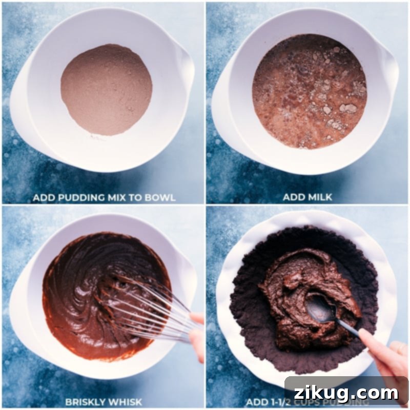 Velvet Chocolate Pudding Pie 6 Process images showing the step-by-step preparation of the chocolate pudding filling and its layered addition into the baked Oreo crust.