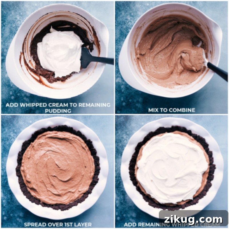 Velvet Chocolate Pudding Pie 7 Step-by-step images demonstrating the process of folding whipped topping into pudding for the middle layer and spreading the final layer of whipped topping onto the pie.