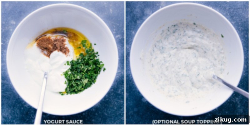 Preparing the refreshing herbed yogurt sauce to top our lentil soup. Close-up image of ingredients being mixed in a bowl to make a fresh mint-yogurt sauce, with chopped mint, lemon, and spices visible.