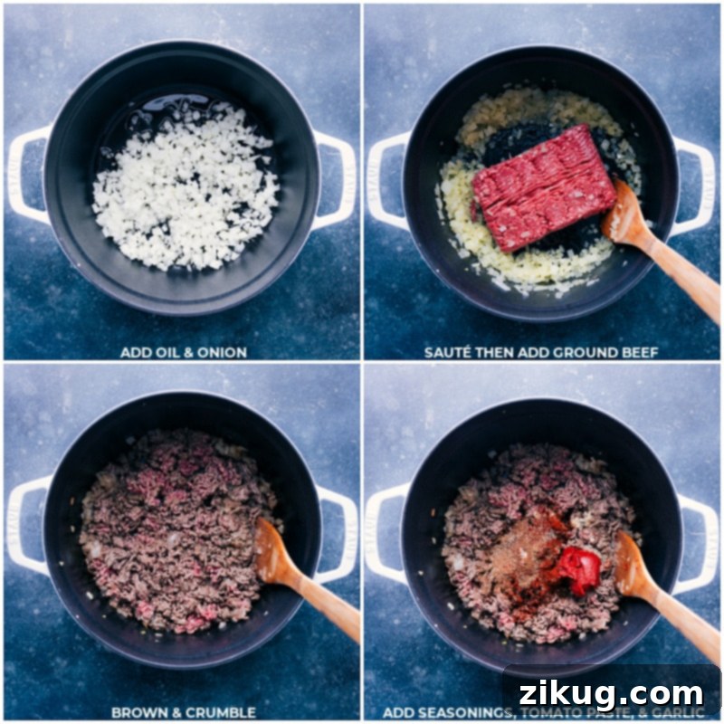 Building Flavor: Sautéing onions, browning beef, and toasting Middle Eastern spices for our Beef Lentil Soup. Process shots showing the sequential steps of cooking Beef Lentil Soup: sautéing onions, browning ground beef, and adding aromatic shawarma spices like cumin, coriander, paprika, cardamom, and cinnamon to the pot.