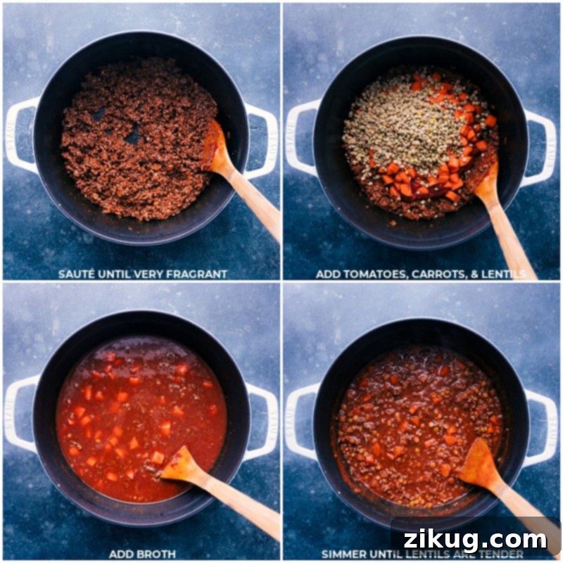 Adding carrots, lentils, and crushed tomatoes to the pot, enriching our Beef Lentil Soup. Process shots depicting the crucial steps of adding carrots, rinsed green lentils, and rich crushed tomatoes to the simmering Beef Lentil Soup pot, building flavor and texture.