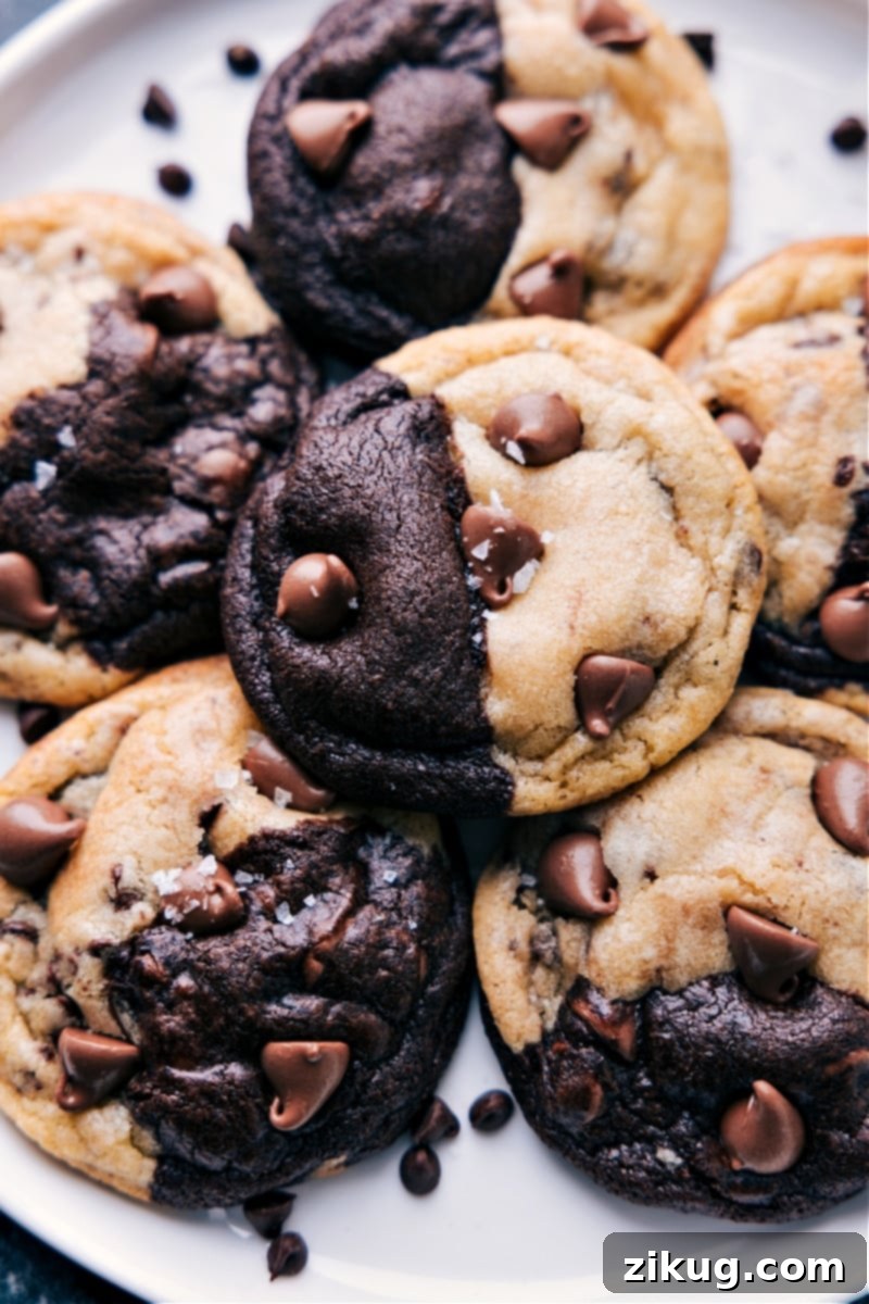 Get ready to experience the ultimate cookie mashup! Brookies - a mouthwatering combination of rich, fudgy brownie-like chocolate cookies and classic chocolate chip cookies. These little delights are a match made in cookie heaven, offering the perfect balance of chocolatey goodness with sweet and buttery flavors. Overhead shot of freshly baked Brookies arranged on a white plate, showcasing their perfect blend of brownie and chocolate chip cookie textures with glistening chocolate chips.