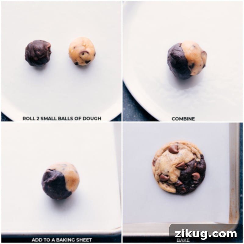 What happens when you combine two of the most beloved cookies into one delicious treat? You get Brookies - a mouthwatering combination of rich, fudgy brownie-like chocolate cookies and classic chocolate chip cookies. These little delights are a match made in cookie heaven, offering the perfect balance of chocolatey goodness with sweet and buttery flavors. Step-by-step process images showing how to form Brookie dough balls by combining individual portions of brownie cookie dough and chocolate chip cookie dough, ready for baking.