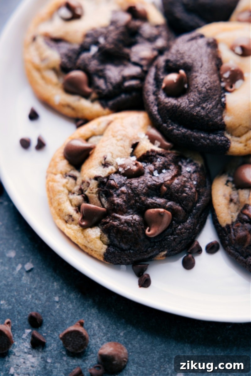 Get ready to experience the ultimate cookie mashup! Brookies - a mouthwatering combination of rich, fudgy brownie-like chocolate cookies and classic chocolate chip cookies. These little delights are a match made in cookie heaven, offering the perfect balance of chocolatey goodness with sweet and buttery flavors. Close-up shot of several delicious Brookies stacked on a pristine white plate, showcasing their distinct two-toned layers and glistening melted chocolate chips, ready to be enjoyed.