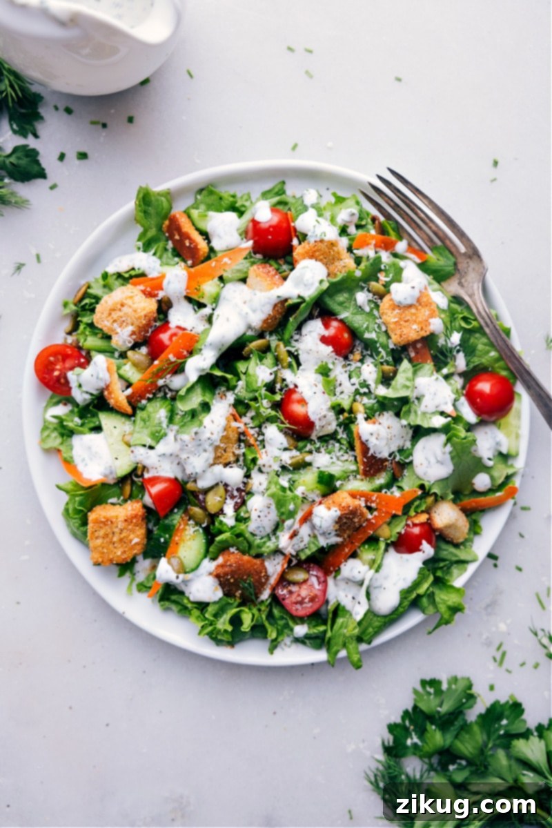 Your New Favorite Homemade Ranch 7 Image of a fully dressed salad with homemade Ranch Dressing, ready to be enjoyed.
