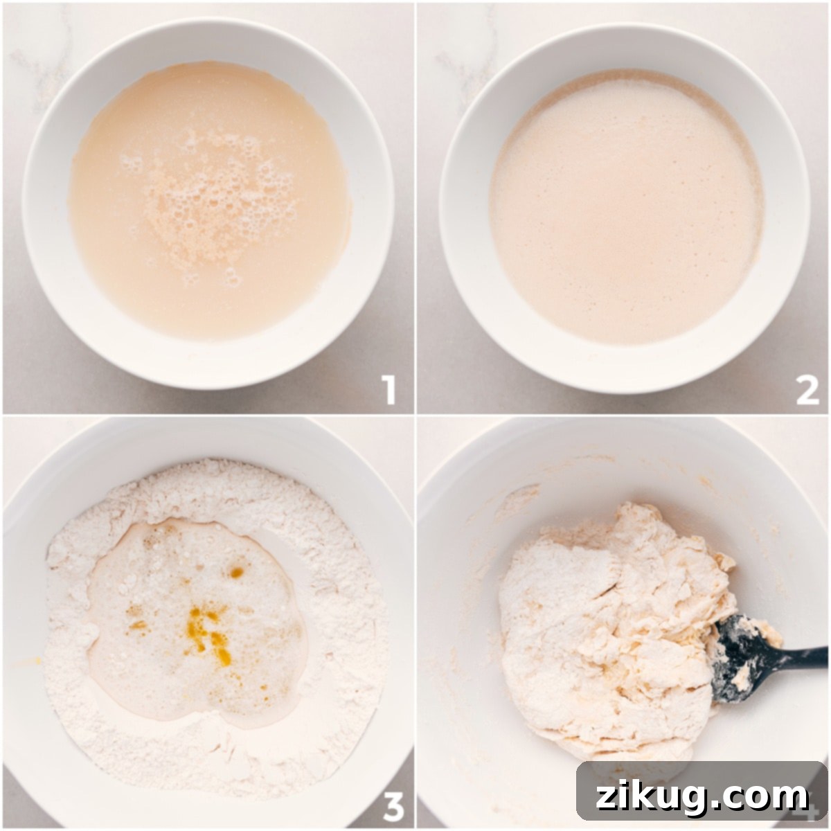 Yeast Activating for Pizza Dough Close-up of foamy, activated yeast mixture in a bowl, ready to be combined with dry ingredients for homemade pizza dough.