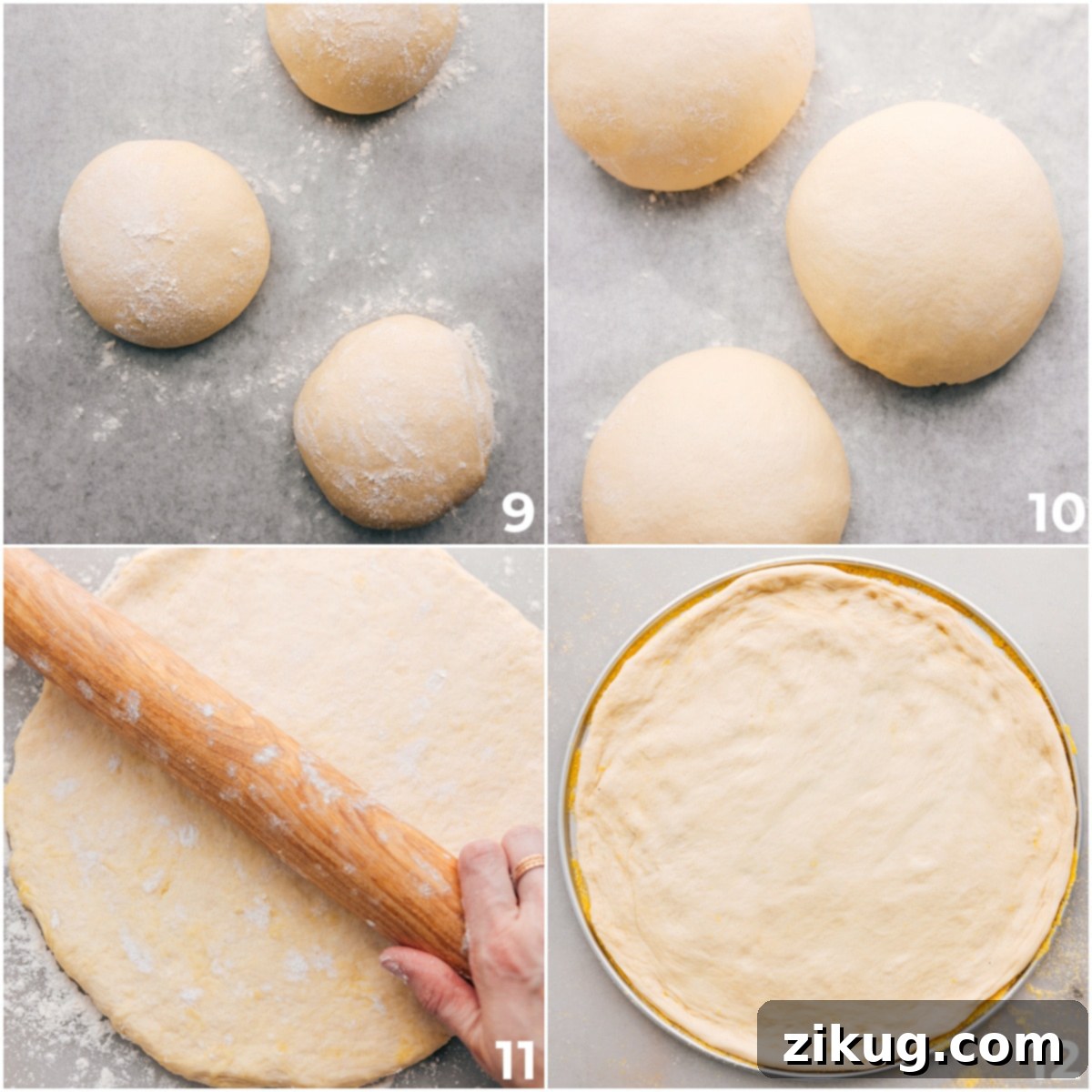 Rolling Out Fresh Pizza Dough for Baking Skilled hands gently stretching and shaping a perfectly proofed ball of pizza dough on a floured surface, preparing it for toppings.