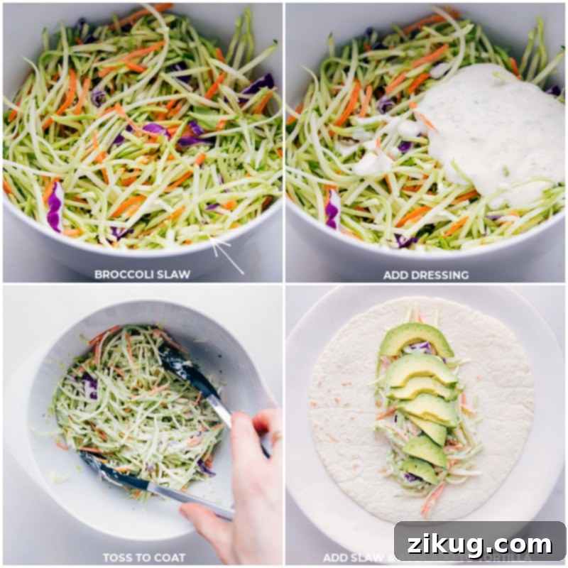 Spice up your recipe game with these mouthwatering Buffalo Chicken Wraps! Loaded with crispy chicken tenders coated in tangy buffalo sauce, fresh broccoli slaw, creamy salad dressing, and slices of ripe avocado, these wraps are a flavor explosion in every bite. They're so quick and easy to make thanks to some recipe short-cuts! Recipe via chelseasmessyapron #lunch #best #quick #easy #simple #familyfriendly #kidfriendly #dinner #buffalo #chicken #wraps Broccoli slaw and dressing being combined and then it being layered into a a tortilla.