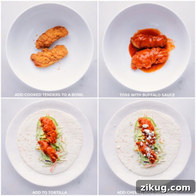 Spice Up Your Recipe Game With These Buffalo Chicken Wraps Chicken being covered in buffalo sauce and it being layered in the tortilla for this buffalo chicken wraps.