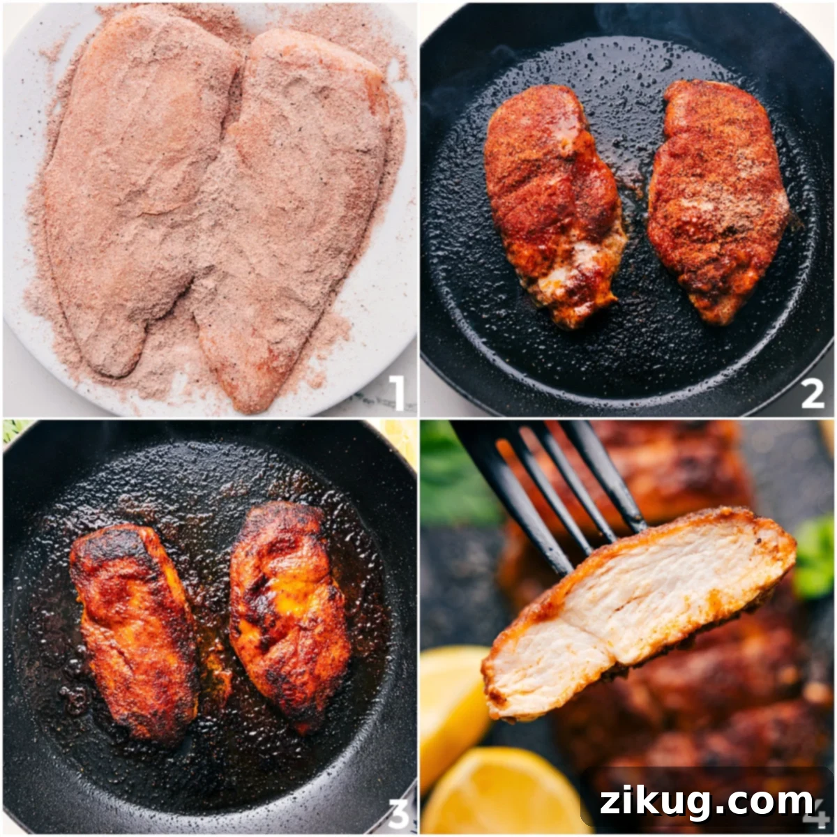 Our simple and effective method for creating incredibly juicy and flavorful baked chicken breasts, featuring a crucial searing step for optimal taste and texture. Close-up view of a perfectly seasoned chicken breast searing in a hot cast-iron skillet, developing a rich, golden-brown crust before being transferred to the oven for final baking.