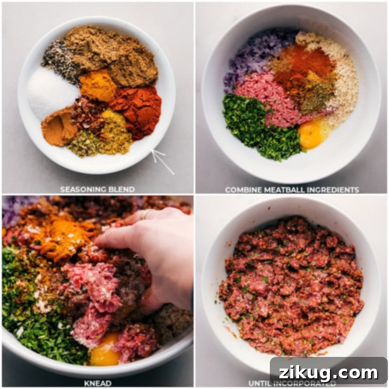 Process shot showing a large bowl filled with ground beef, grated onion, panko breadcrumbs, egg, minced garlic, and a colorful array of Middle Eastern spices, ready to be combined for the kofta meatballs