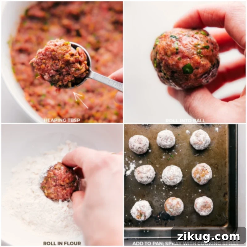 Process shots showing Beef Kofta Meatballs being carefully shaped by hand, then coated lightly in flour, and finally arranged on a sheet pan, ready for baking to achieve a golden-brown, charred finish
