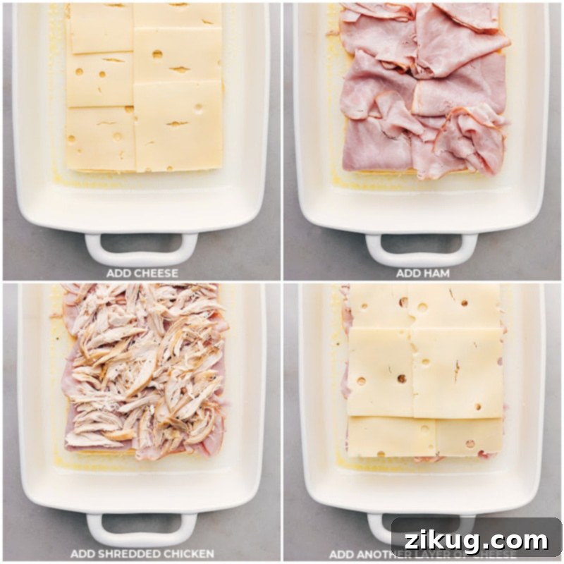 You get sweet Hawaiian rolls filled with savory ham, gooey Swiss cheese and juicy chicken, jazzed up with a tangy-sweet honey mustard sauce and garlicky butter – they're seriously delicious! Recipe via chelseasmessyapron #dinner #quick #easy #simple #familyfriendly #kidfriendly #onepan #appetizer #chickencordonbleu #sliders Process shots showing layers of Swiss cheese, deli ham, and shredded chicken being assembled on Hawaiian rolls in a baking dish