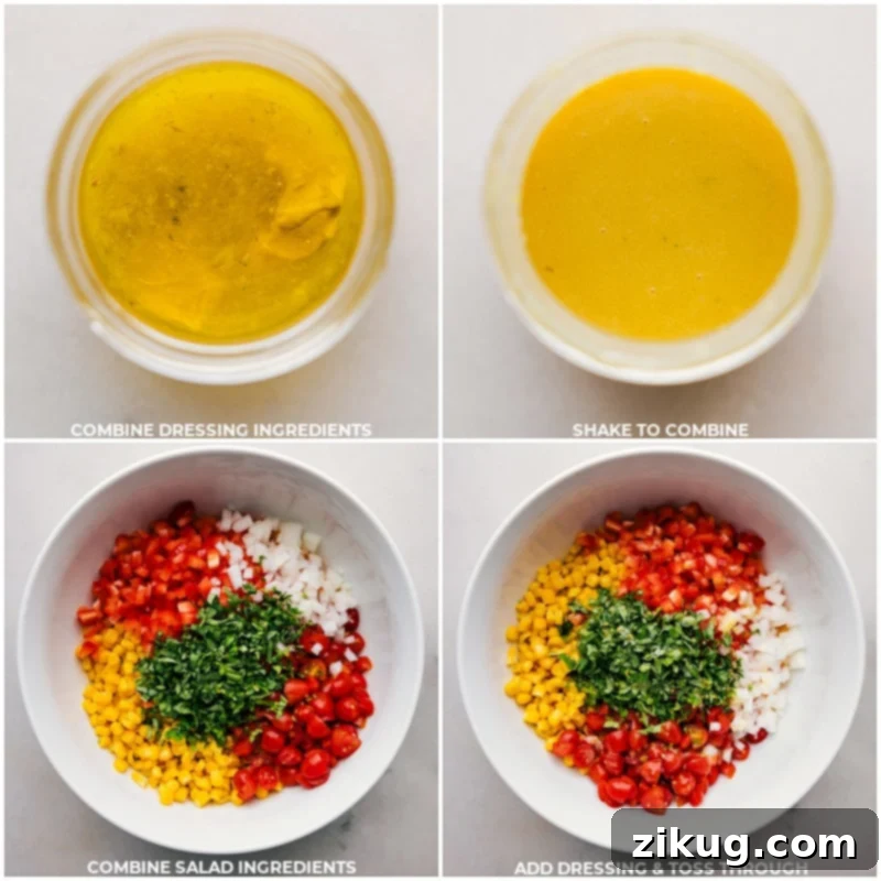 This Corn and Tomato Salad recipe features a vibrant blend of sweet, juicy corn and tomatoes balanced by the crunch of diced bell pepper and onion. The tangy lime vinaigrette, spiked with a hint of maple syrup and Dijon mustard, adds a burst of citrusy freshness that ties together everything beautifully! Recipe via ChelseasMessyApron.com #cornsalad #corntomatoes #corn #tomatoes #salad #lime #vinaigrette #summery #basil Three sequential process shots: first, ingredients for a lime vinaigrette being combined in a glass jar; second, a large white bowl filled with corn, tomatoes, bell pepper, and onion; third, the dressing being poured over the vegetables in the bowl, ready to be tossed.