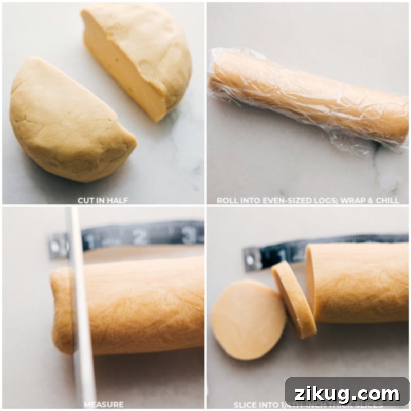 These Homemade Fudge-Striped Cookies deliver a deliciously buttery, sweet cookie coated in smooth melted chocolate. This recipe offers a simple slice-and-bake method for easy preparation. #dessert #best #quick #easy #simple #treat #chocolate #sliceandbake #fudgestriped #cookies Process shots showing the cookie dough being rolled out evenly and then thinly sliced into perfect rounds.