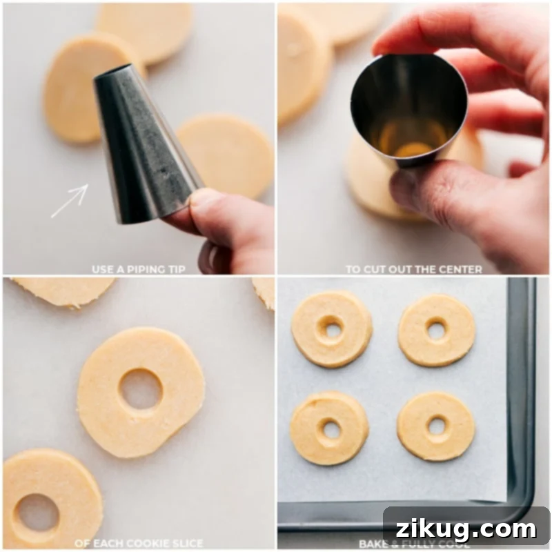 These delicious Homemade Fudge-Striped Cookies offer a buttery, sweet cookie coated in smooth melted chocolate. With a hint of vanilla and just the right amount of salt, they're a sweet, satisfying cookie. This step shows how to easily cut out the center for the iconic design. #dessert #best #quick #easy #simple #treat #chocolate #sliceandbake #fudgestriped #cookies Close-up process shots of Fudge-Striped Cookies, showing the center of each dough round being precisely cut out with a piping tip.