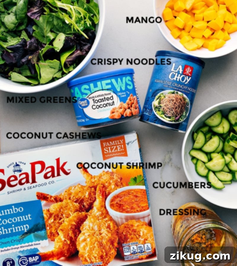 Coconut Shrimp Salad is as delicious as it is easy. It's a burst of tropical bliss and couldn't be quicker to make! Recipe via ChelseasMessyApron.com #shrimp #crispy #chowmeinnoodles #mango #clementines #salad #quick #easy #backtoschool Ingredient shot: All the elements of Coconut Shrimp Salad, arranged visually on a table.