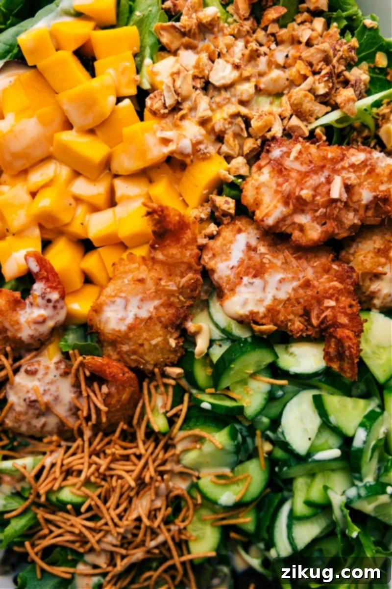 This Coconut Shrimp Salad combines crispy, crunchy coconut shrimp with sweet honey mango and a citrusy orange-honey dressing, all layered over fresh greens and crunchy toppings. It's a burst of tropical bliss and couldn't be quicker to make! Recipe via ChelseasMessyApron.com #shrimp #crispy #chowmeinnoodles #mango #clementines #salad #quick #easy #backtoschool Closeup overhead view of Coconut Shrimp Salad, showcasing the textures and vibrant colors.