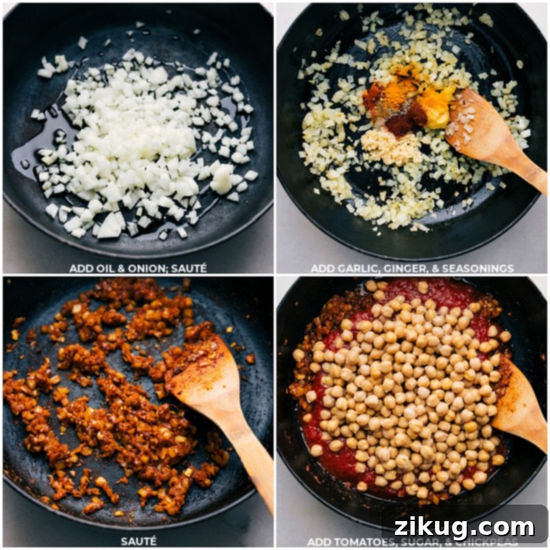 Step-by-step preparation of Butter Chickpeas. A collage of process images showing yellow onion sautéing, then garlic and ginger added, followed by spices, crushed tomatoes, sugar, and chickpeas being stirred into a pot.