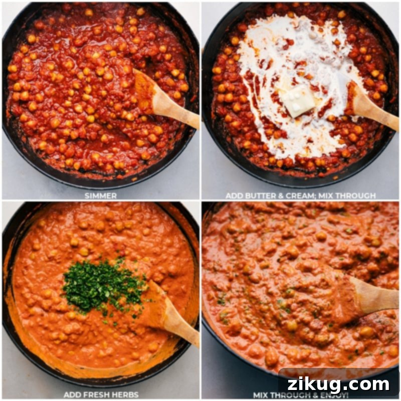 Adding the finishing touches to your Butter Chickpeas. A sequence of images showing unsalted butter and heavy cream being stirred into the finished Butter Chickpeas, followed by fresh herbs being added, and the final dish simmering gently in the pot.