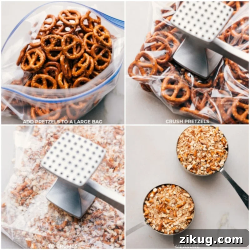 Sweet and Salty Peanut Butter Pretzel Bars 4 Close-up image of pretzels being crushed into small pieces, a key step for the crust of the Peanut Butter Pretzel Bars.