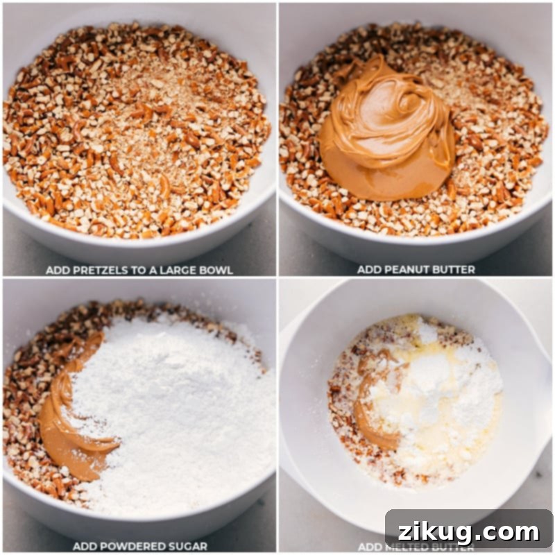 Sweet and Salty Peanut Butter Pretzel Bars 5 Process shot showing crushed pretzels, peanut butter, powdered sugar, and melted butter being combined in a large mixing bowl.