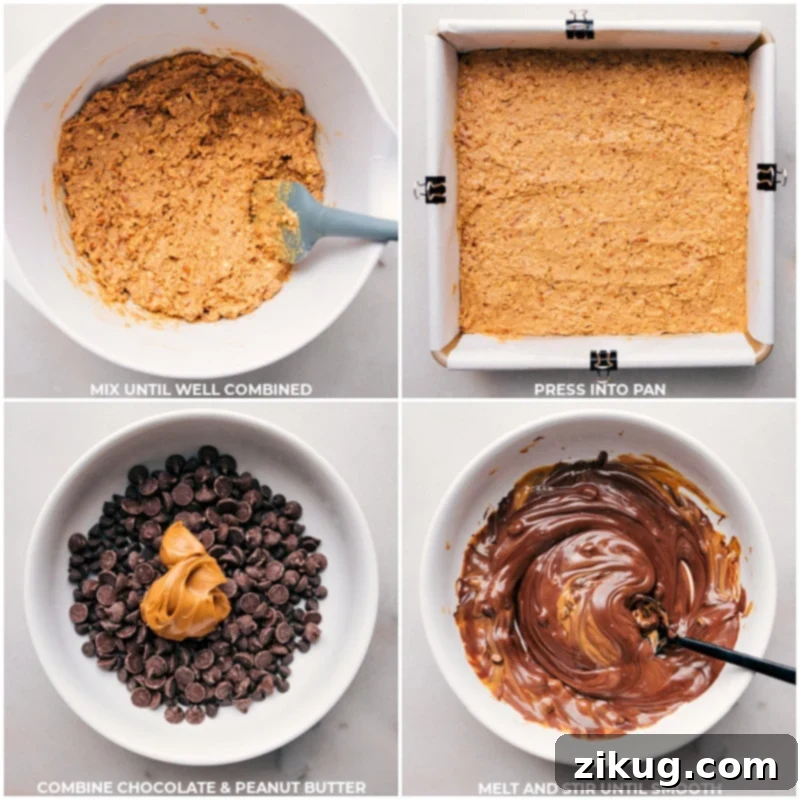 Sweet and Salty Peanut Butter Pretzel Bars 6 Process shot showing the pretzel base being pressed into a baking pan, followed by an image of chocolate and peanut butter melting together in a bowl.