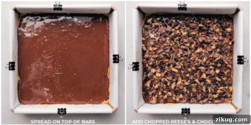 Sweet and Salty Peanut Butter Pretzel Bars 7 Image showing chocolate being spread evenly over the pretzel base, followed by a sprinkle of chopped peanut butter cups and mini chocolate chips.