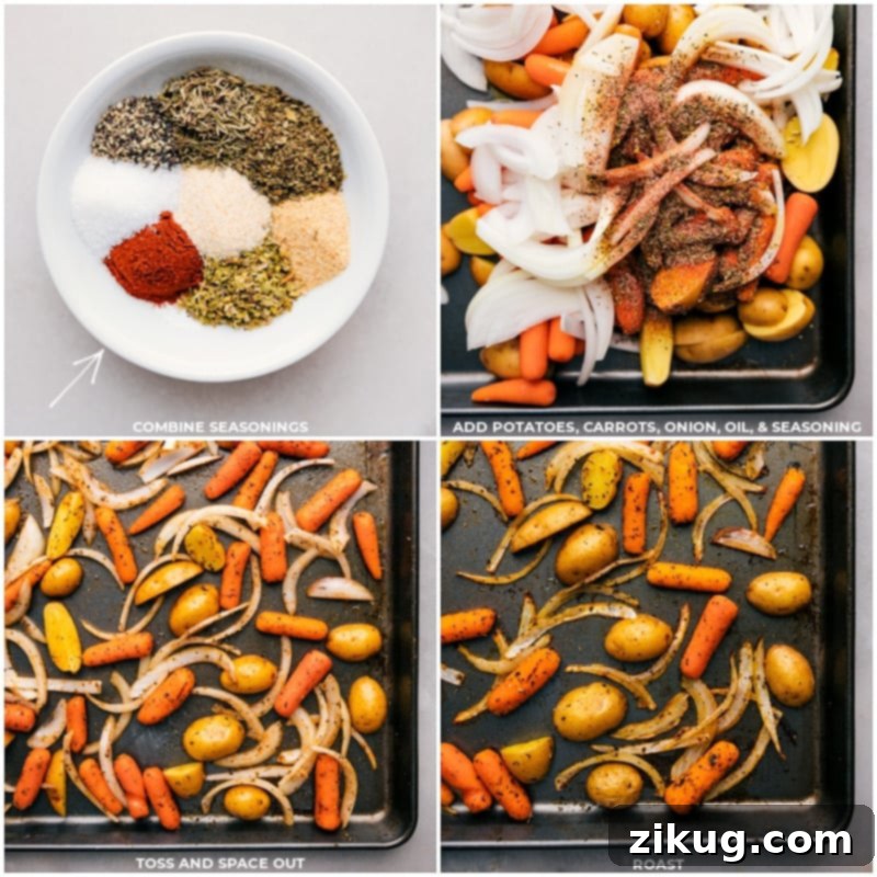 Initial preparation: Potatoes, carrots, and onions seasoned and arranged for roasting, forming the base of the One-Pan Cabbage, Potatoes, and Sausage. Process shot of potatoes, carrots, and onions tossed with olive oil and seasoning mix on a large sheet pan, spread out evenly, ready for the initial roasting phase.