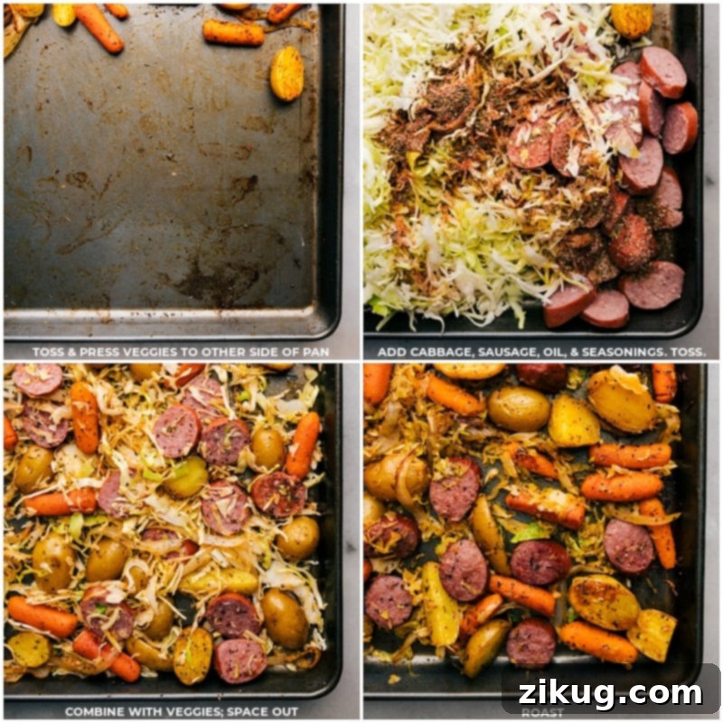 Combining all components: Cabbage and sausage are added to the partially roasted vegetables for the final stage of this delicious one-pan meal. Process shot of shredded cabbage and sliced smoked sausage being tossed with olive oil and the remaining seasoning mix on the empty side of a sheet pan, alongside partially roasted potatoes, carrots, and onions, ready for the final roasting.