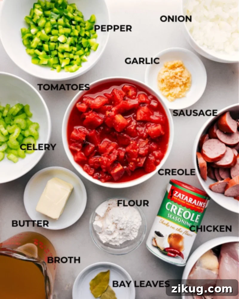 Essential Ingredients for a Flavorful Instant Pot Chicken, Sausage, and Rice A beautifully arranged flat lay image displaying all the essential fresh and canned ingredients required to prepare the Instant Pot Chicken, Sausage, and Rice dish.