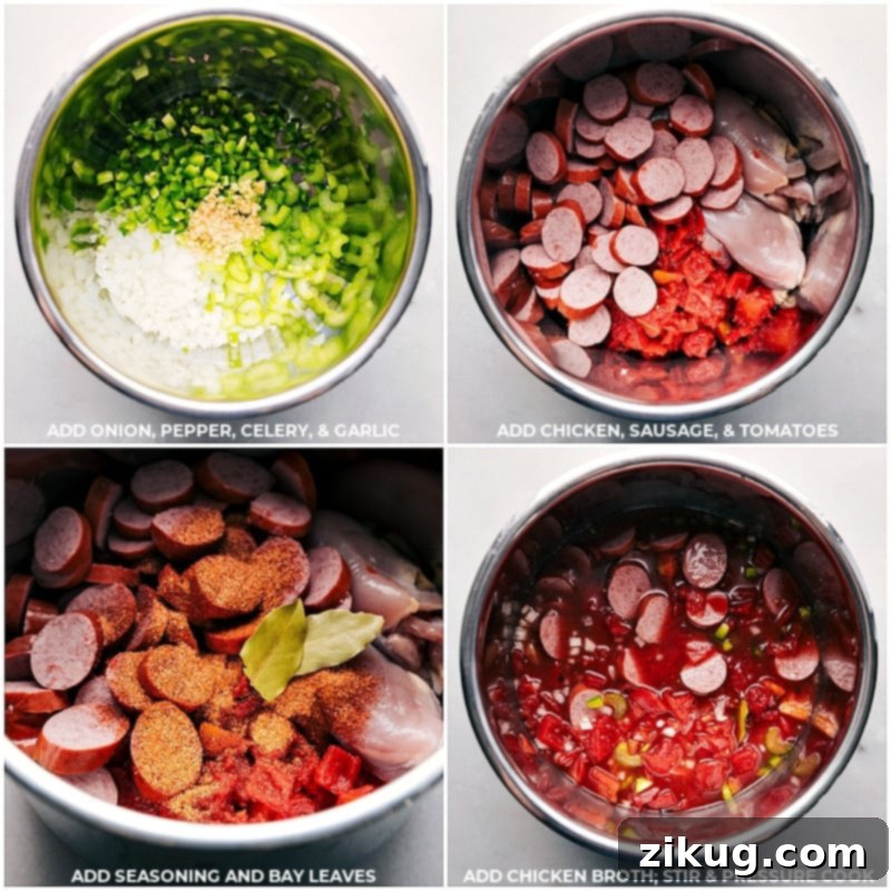 Building Flavor: Step-by-Step Ingredients for Instant Pot Chicken, Sausage, and Rice A sequence of process shots demonstrating the layering of ingredients into the Instant Pot: starting with the aromatic vegetables (onion, pepper, celery), followed by chicken, sausage, fire-roasted tomatoes, seasonings, and chicken broth.