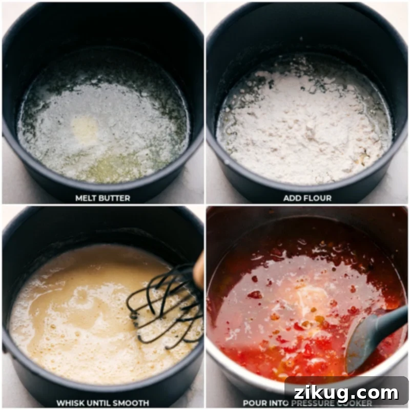 Achieving a Perfect Roux for Creamy Instant Pot Chicken, Sausage, and Rice Close-up process shot showing a creamy, light golden roux being carefully prepared in a small pot on the stovetop, then subsequently poured into the Instant Pot mixture to thicken the sauce.