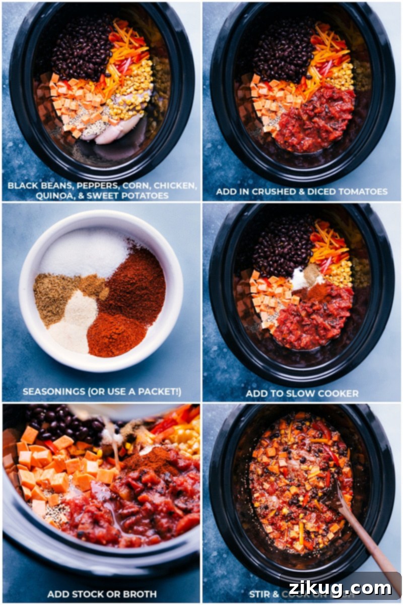 Step-by-step assembly of Quinoa Fajitas ingredients in a slow cooker, simplifying meal prep. Process shots showing various ingredients being added into a slow cooker for Quinoa Fajitas preparation.