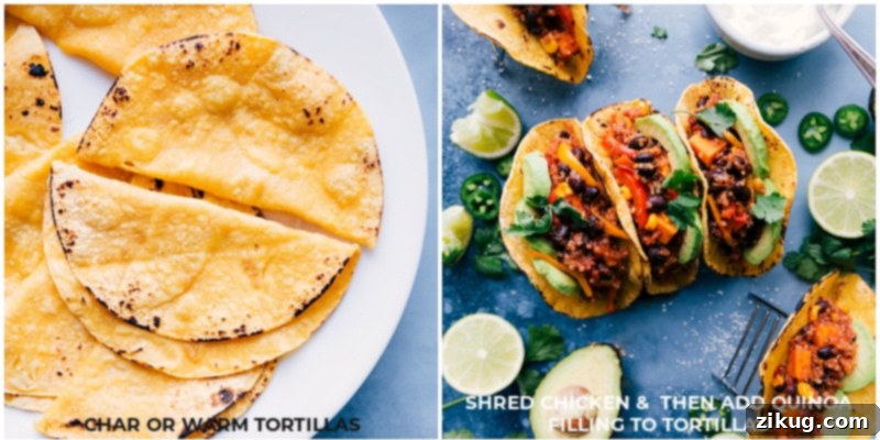 Preparing delicious Quinoa Fajitas: charring tortillas and filling them with the slow-cooked mix. Process shots showing tortillas being charred over a flame and then stuffed with the flavorful Quinoa Fajita filling, ready for serving.