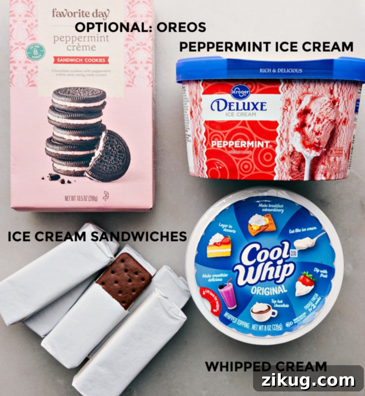 Key Ingredients for Three-Ingredient Peppermint Ice Cream Bars A curated collection of the key ingredients needed to prepare these effortless no-bake Peppermint Ice Cream Bars, including vanilla ice cream sandwiches, peppermint ice cream, whipped topping, and optional crushed Oreos and peppermint candies.