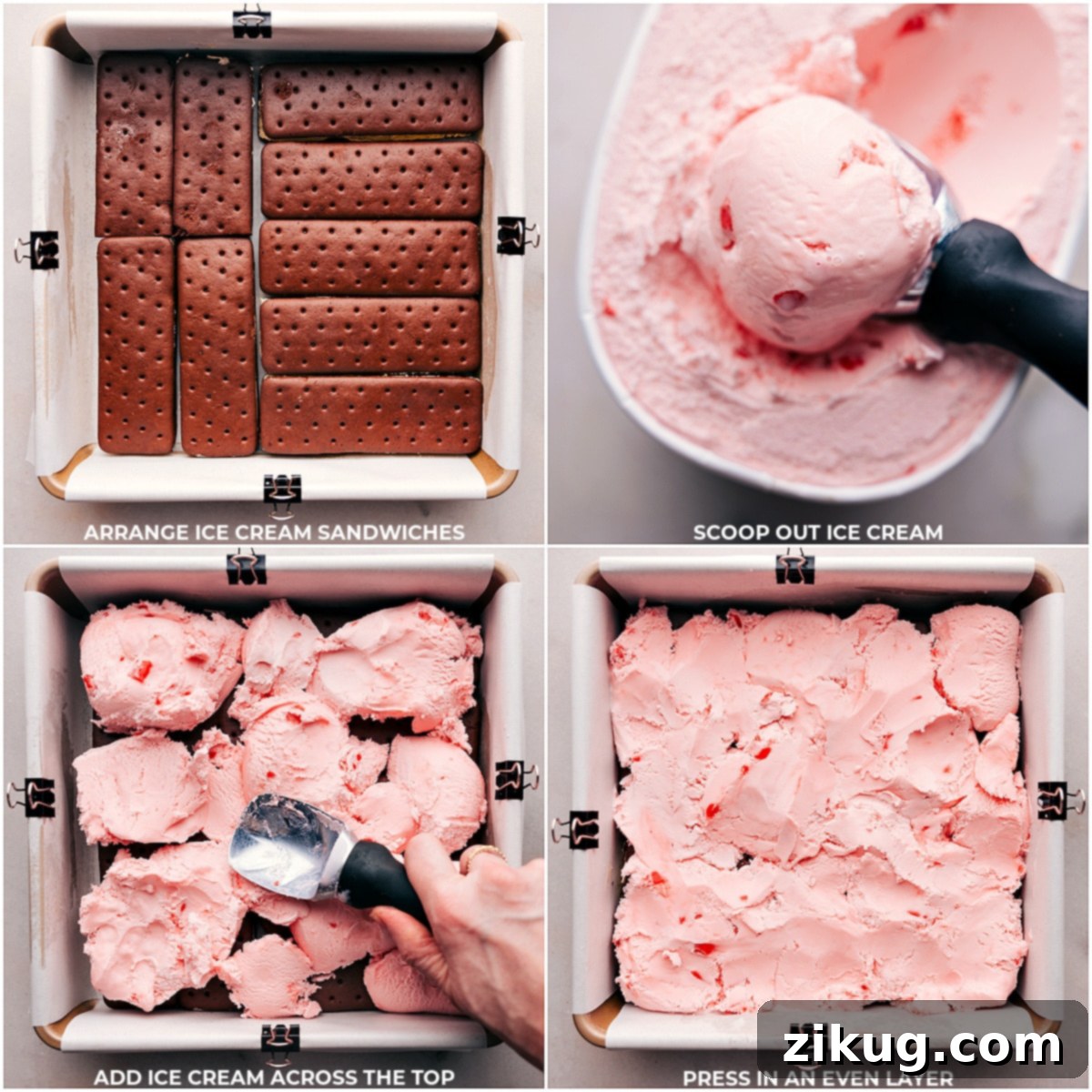 Detailed Layering Process for Peppermint Ice Cream Bars A step-by-step visual guide showing the process of layering ice cream sandwiches, spreading softened peppermint ice cream, and firmly pressing layers together to create a cohesive foundation for the delicious Peppermint Ice Cream Bars.