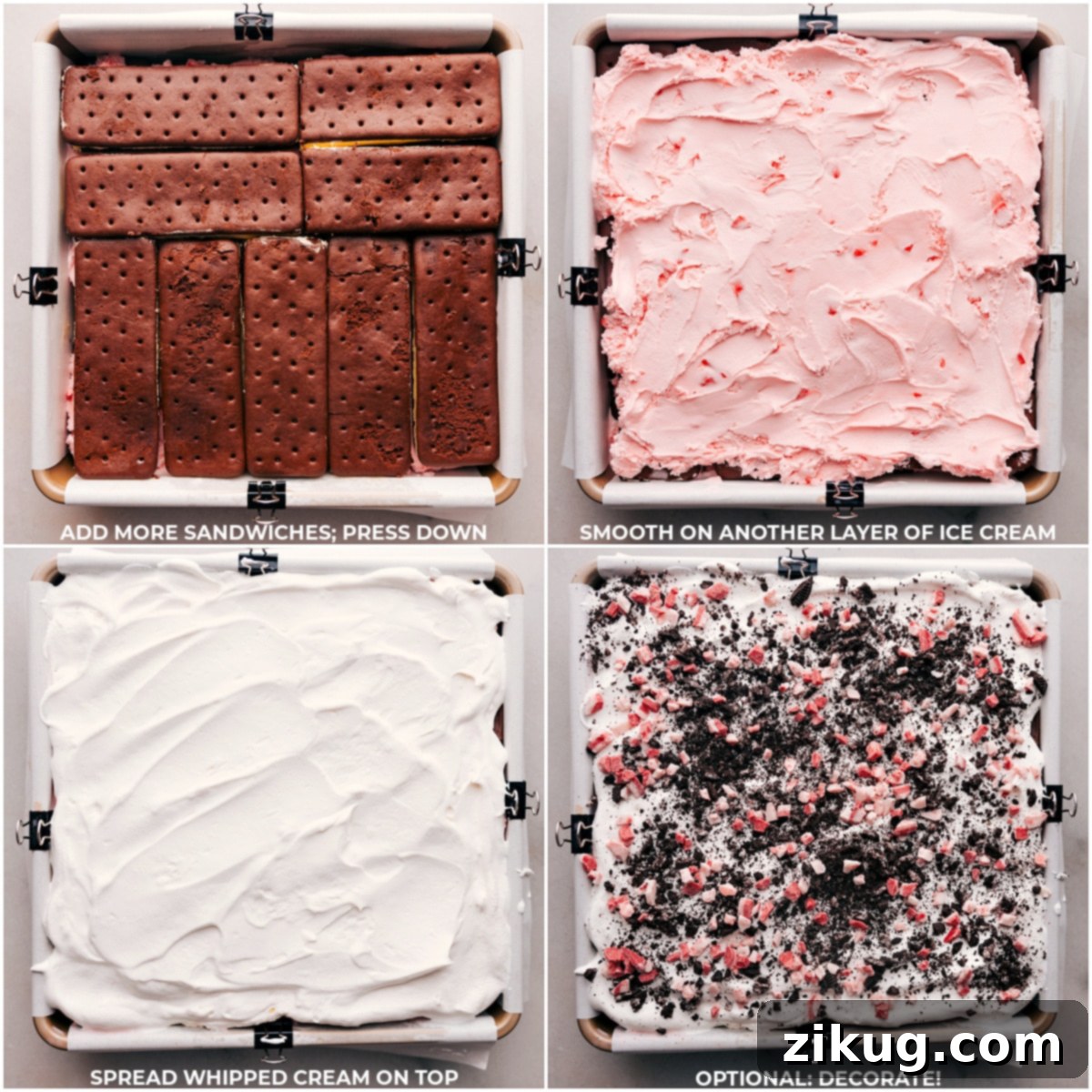 Finalizing Peppermint Ice Cream Bars with Whipped Cream and Festive Toppings The final step in preparing Peppermint Ice Cream Bars, showing the even spread of whipped cream and the festive scattering of crushed Oreos and colorful mint candies as toppings, ready for freezing.