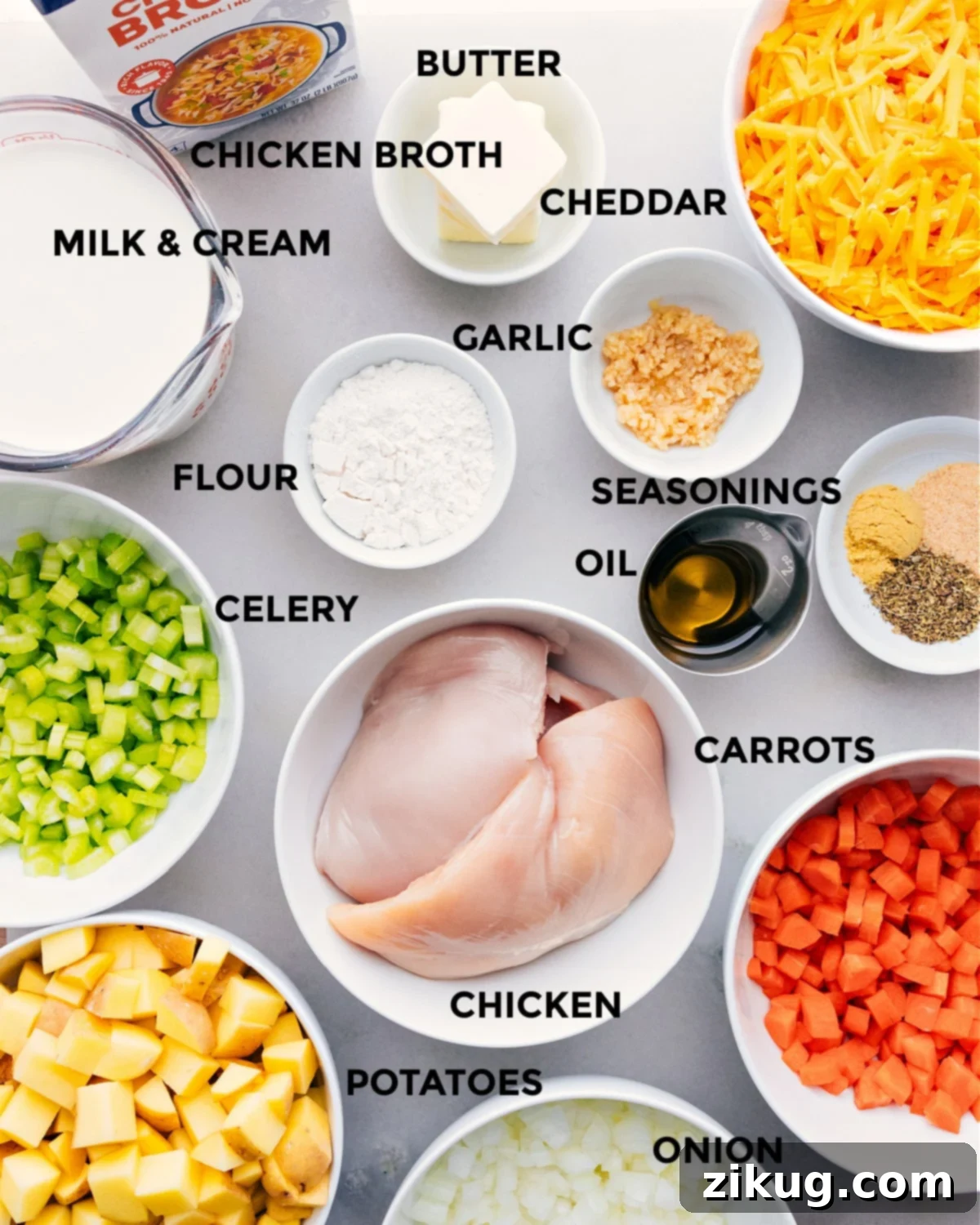 Essential Ingredients for the Best Chicken Potato Soup All the fresh ingredients for this creamy chicken and potato soup are neatly prepped and laid out, showcasing their quality and readiness for cooking.