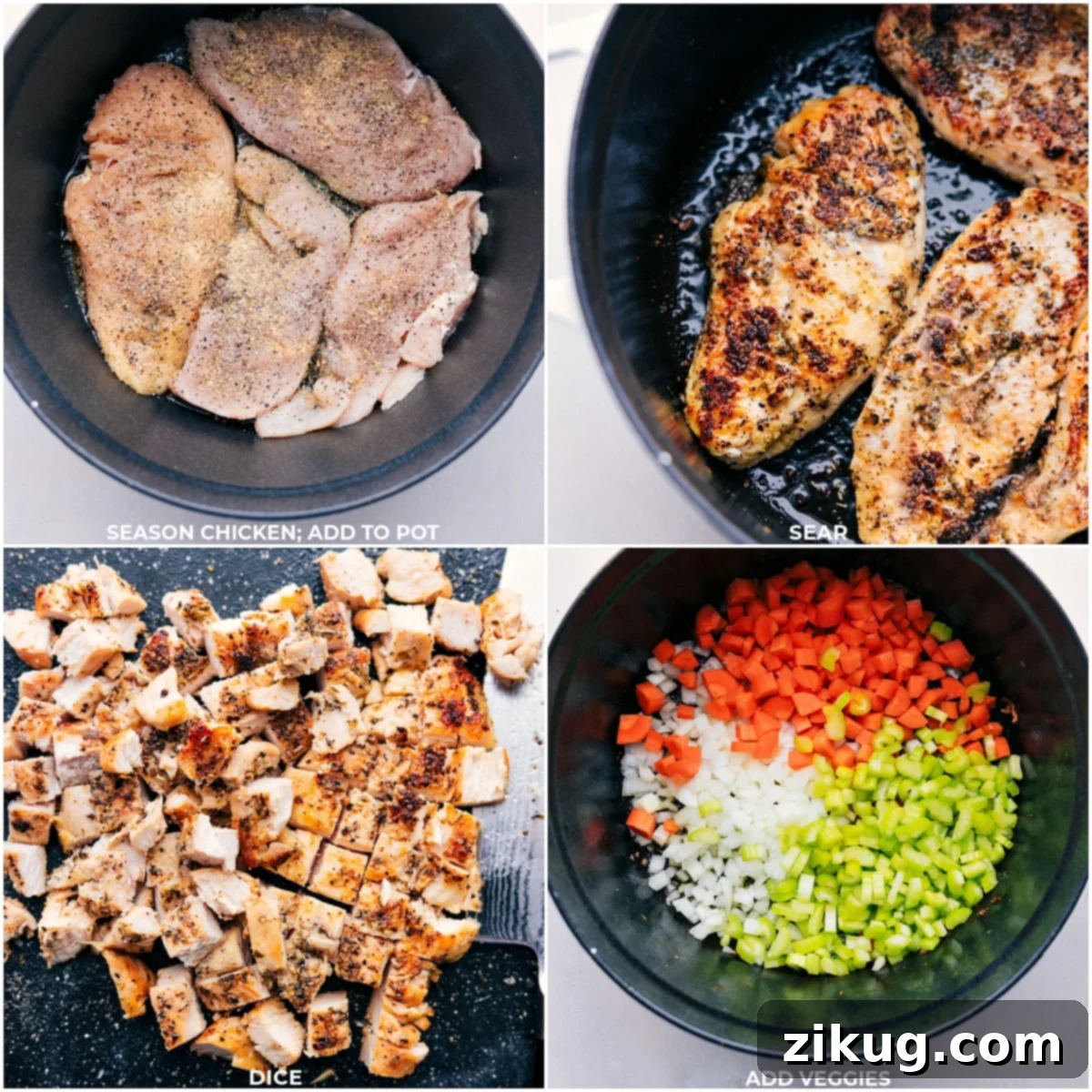 Crafting the Perfect Creamy Chicken and Potato Soup The cooking process begins with chicken being seared and vegetables sautéed, filling the pot with rich aromas for the Chicken and Potato Soup.
