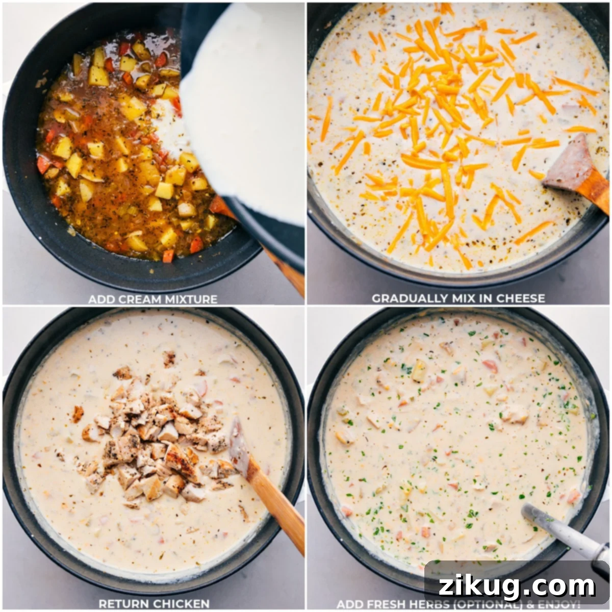 The Finishing Touches for Your Delicious Creamy Potato Soup The final touches: rich cream, shredded cheese, and tender chicken are folded into the steaming, delicious creamy Chicken and Potato soup, creating a luxurious and comforting meal.
