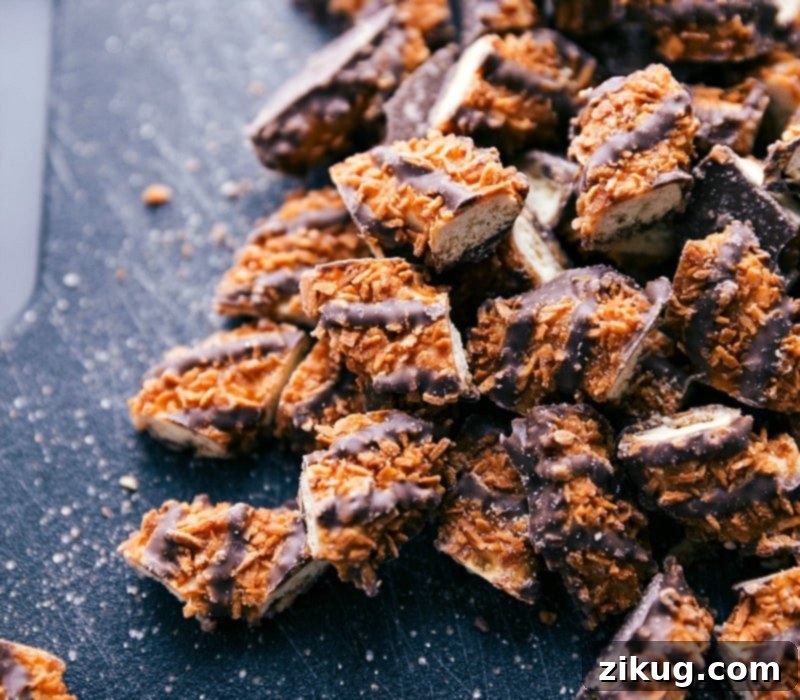 Chopped Samoas Cookies: Essential for Dessert Close-up of freshly chopped Samoas cookies, ready to be incorporated into a delicious dessert.