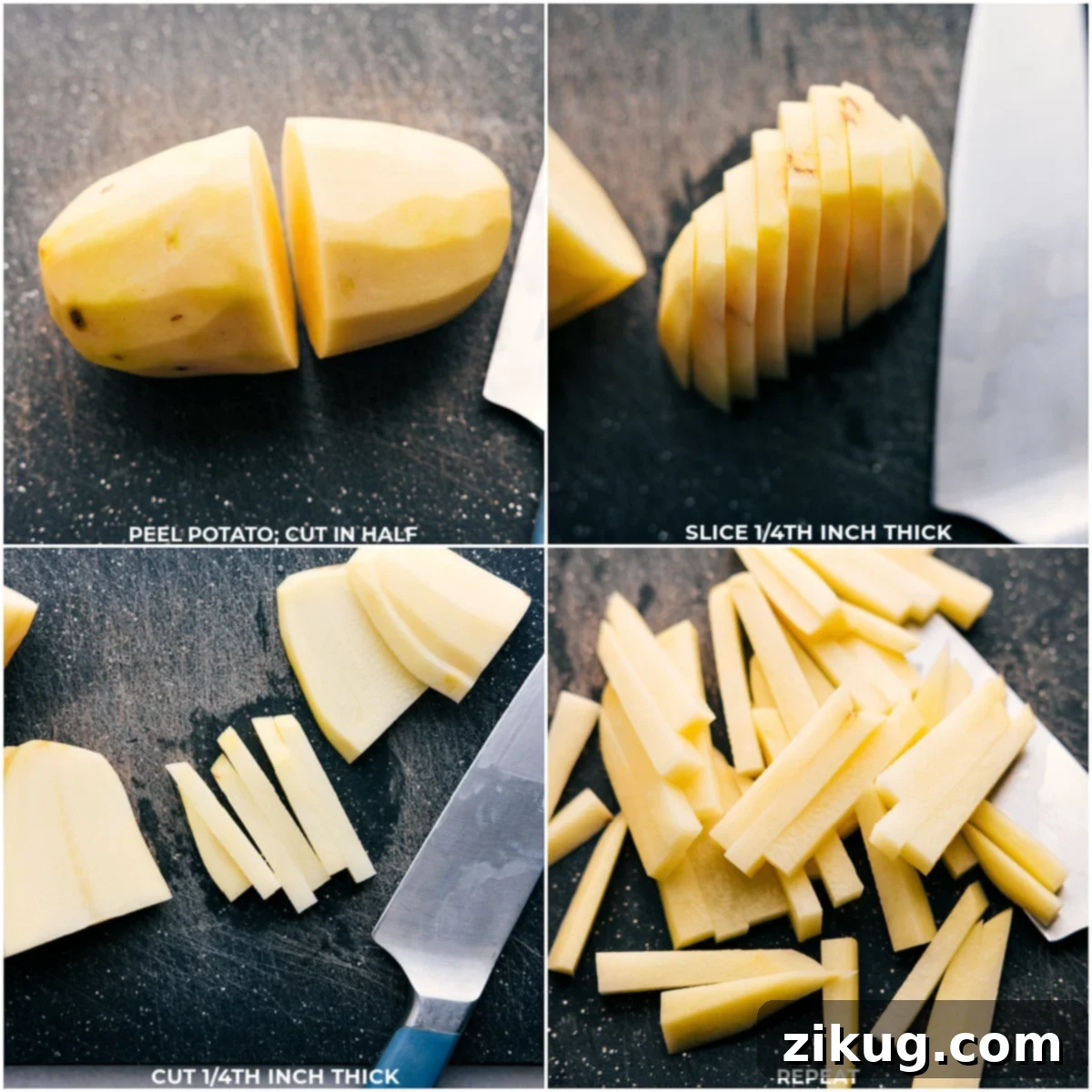 Crispy Air Fryer Fries Preparation Russet potatoes being precisely sliced into uniform strips, ready for seasoning and air frying.