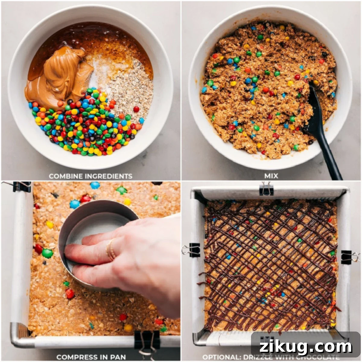 Our Favorite Energy Bars Recipe Mixing the energy bar ingredients in a bowl, then pressing the mixture into a pan, followed by drizzling melted chocolate over the bars.