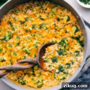 One skillet Creamy Chicken Broccoli Rice Casserole recipe freshly made, ready to be enjoyed.