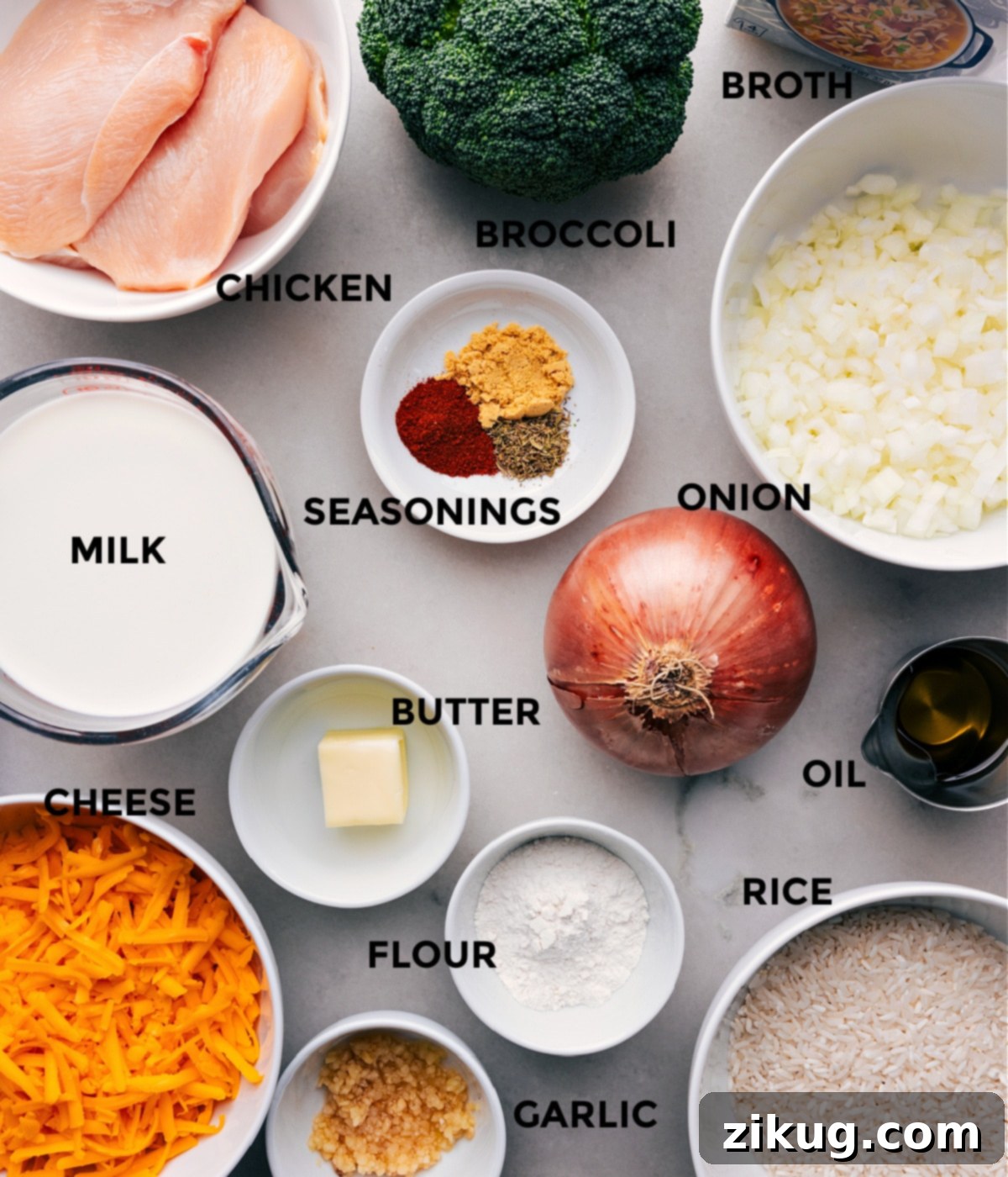 Ingredients In Creamy Chicken Broccoli Rice Casserole All in the ingredients in this recipe prepped out for easy assembly.