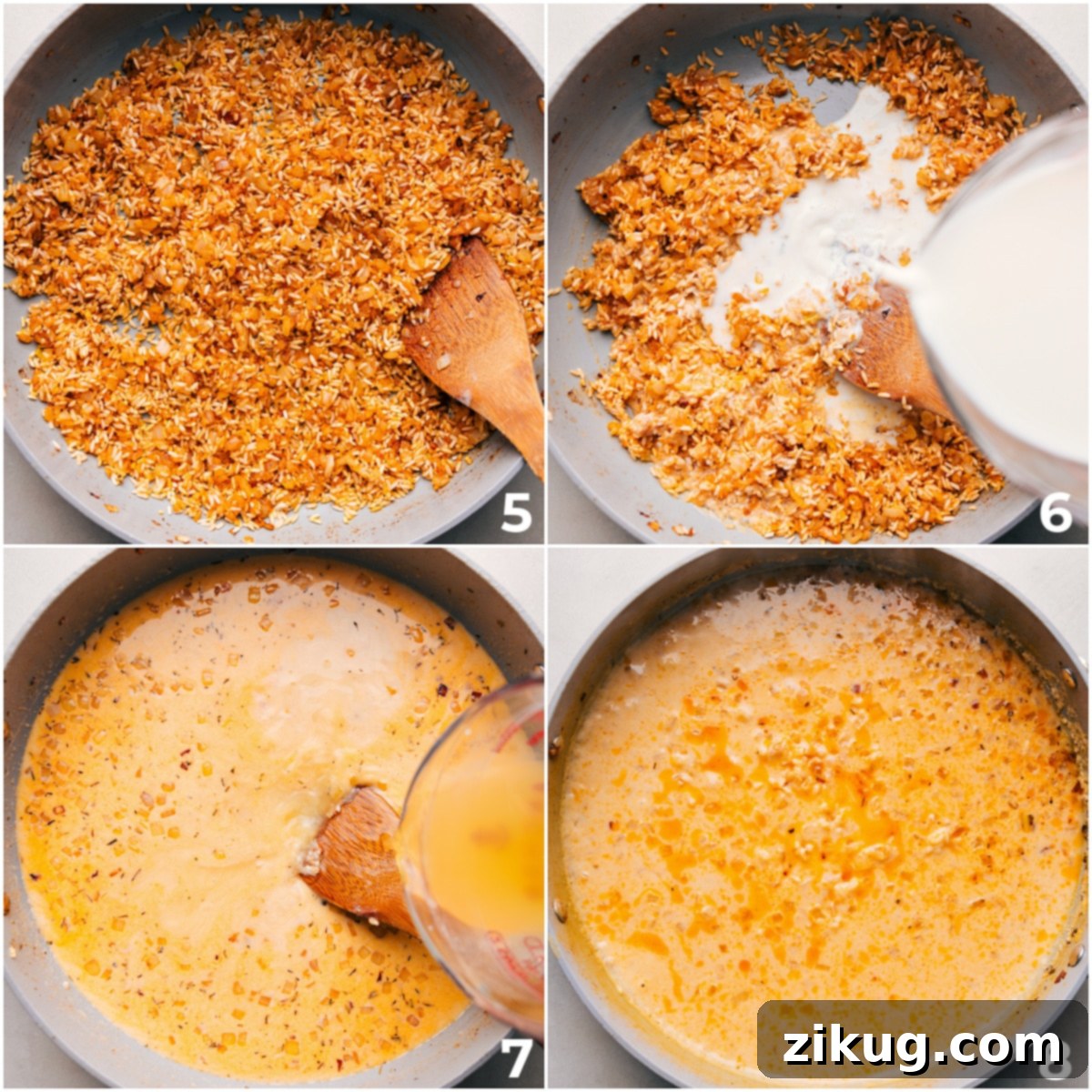 The Best Creamy Chicken Broccoli Rice Casserole Recipe Milk and broth being added to the skillet and it all being cooked together.