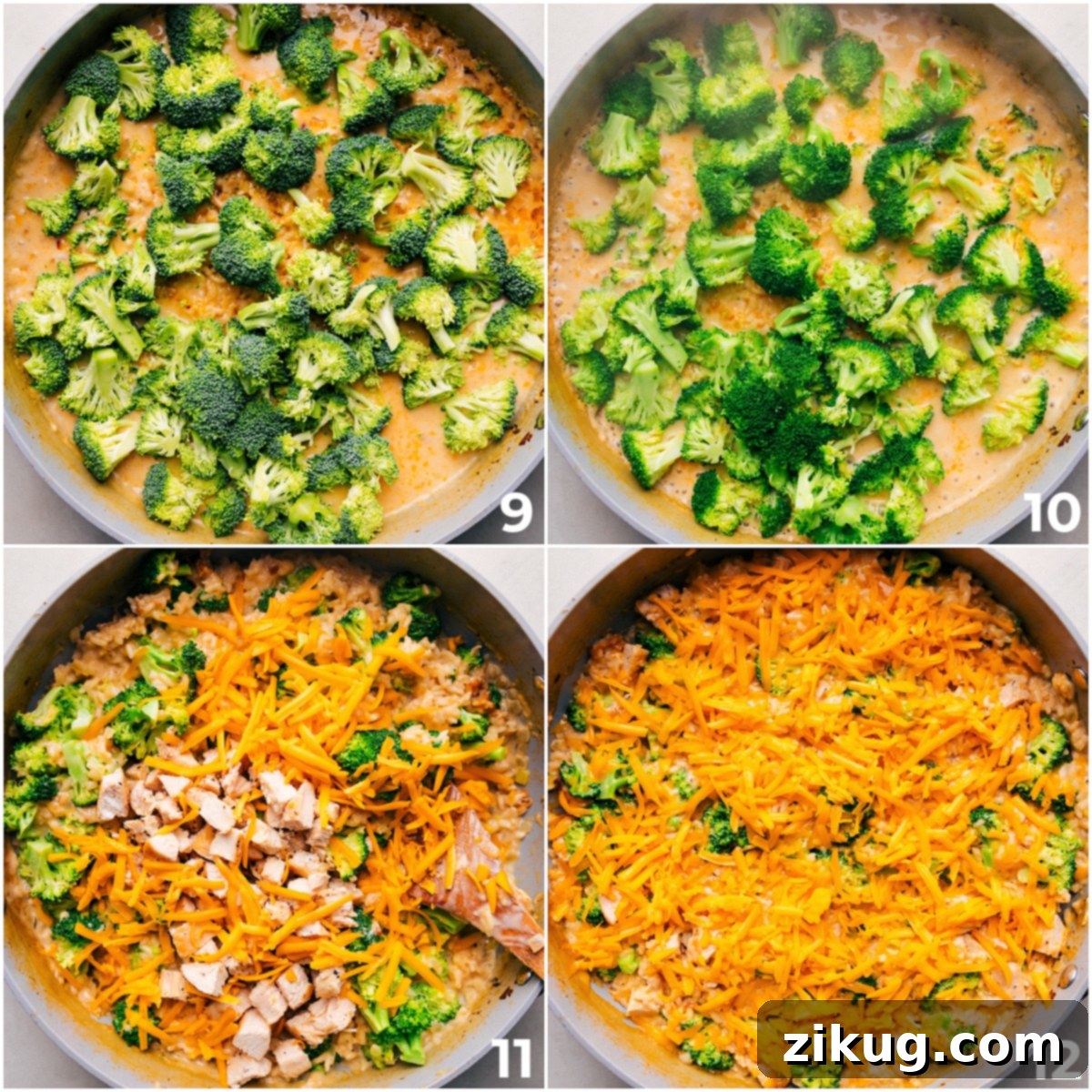 Favorite Creamy Chicken Broccoli Rice Casserole Broccoli, cheese, and chicken being added to the skillet for this delicious Creamy Chicken Broccoli Rice Casserole.